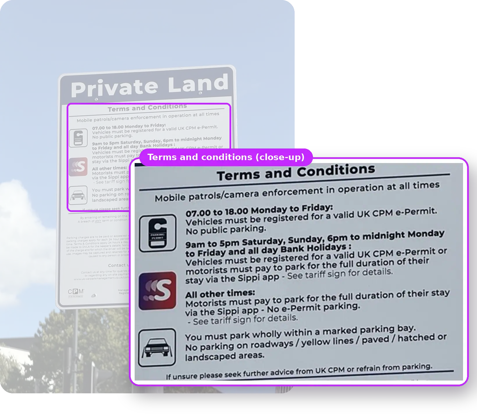 Brook Street car park sign, with an enlarged close-up of the terms and conditions
