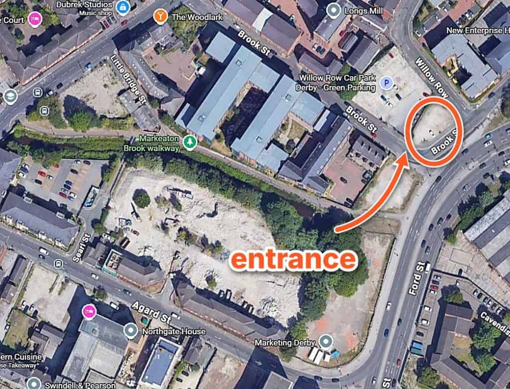 Map showing the Sibbalds client car park on Brook Street, Derby, circled in orange, with an arrow marking the entrance