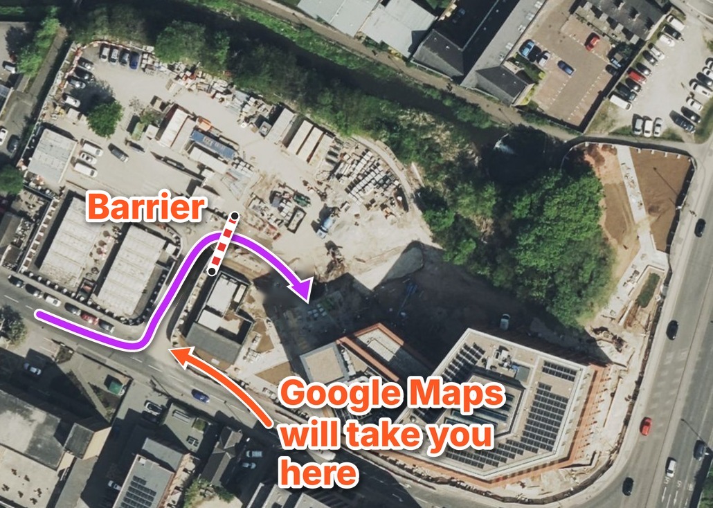 Aerial photo showing the route from Agard Street through the barrier to the drop-off bays behind the Cavendish Building